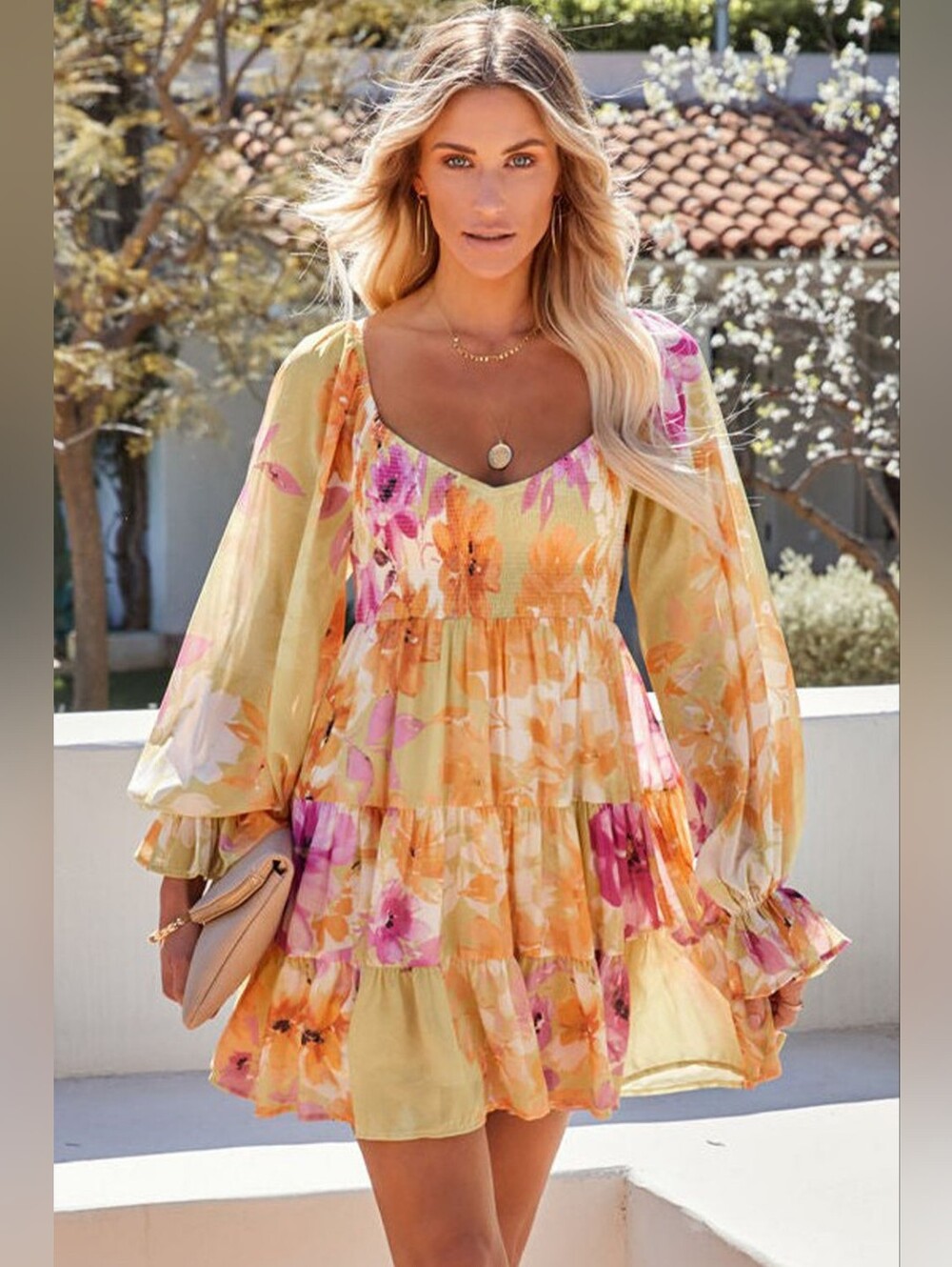 LAST ONE! Square Neck Yellow Floral Mini Dress With Flutter Sleeves NWT